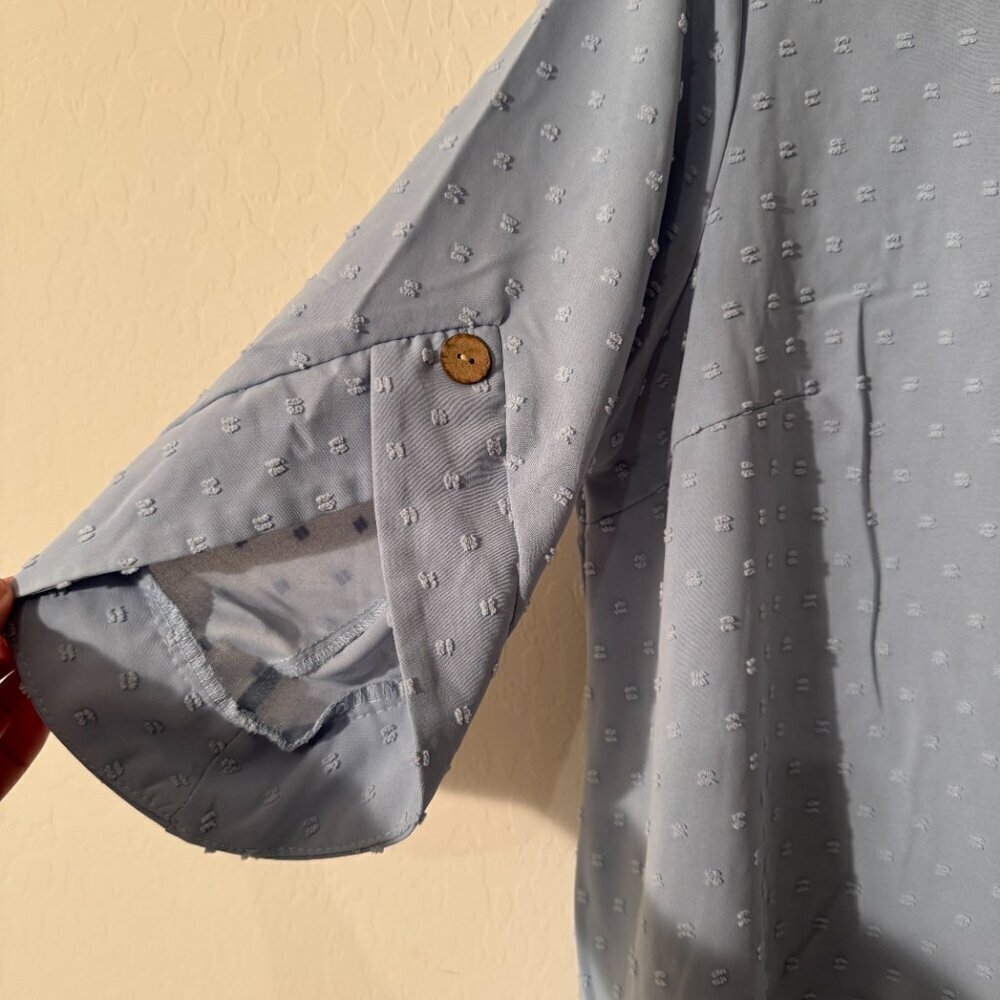 SHEIN Curve Blue Blouse | Textured Swiss Dot Roll-Tab Sleeve Top | Size 1XL - Picture 2 of 4
